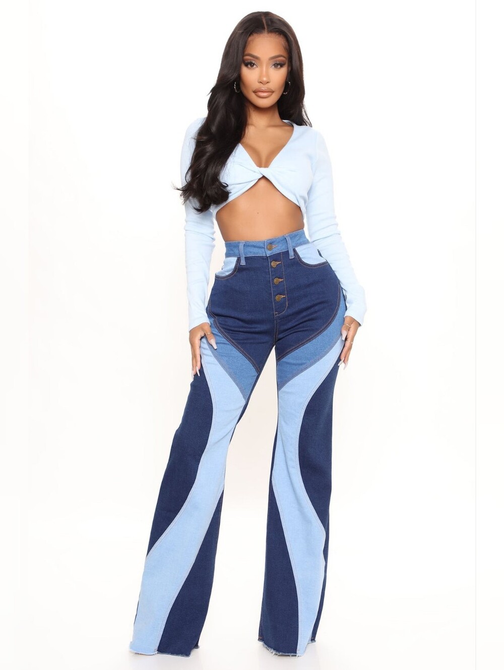 Fashion Nova Two-Tone Blue Patchwork Flare Jeans. Size 3 - Picture 1 of 11